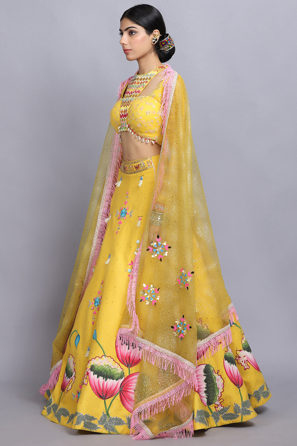 Canary Yellow Handpainted Lehnga Set - Auraya Fashion -  - #tag1# - #tag2# - #tag3# - #tag3#