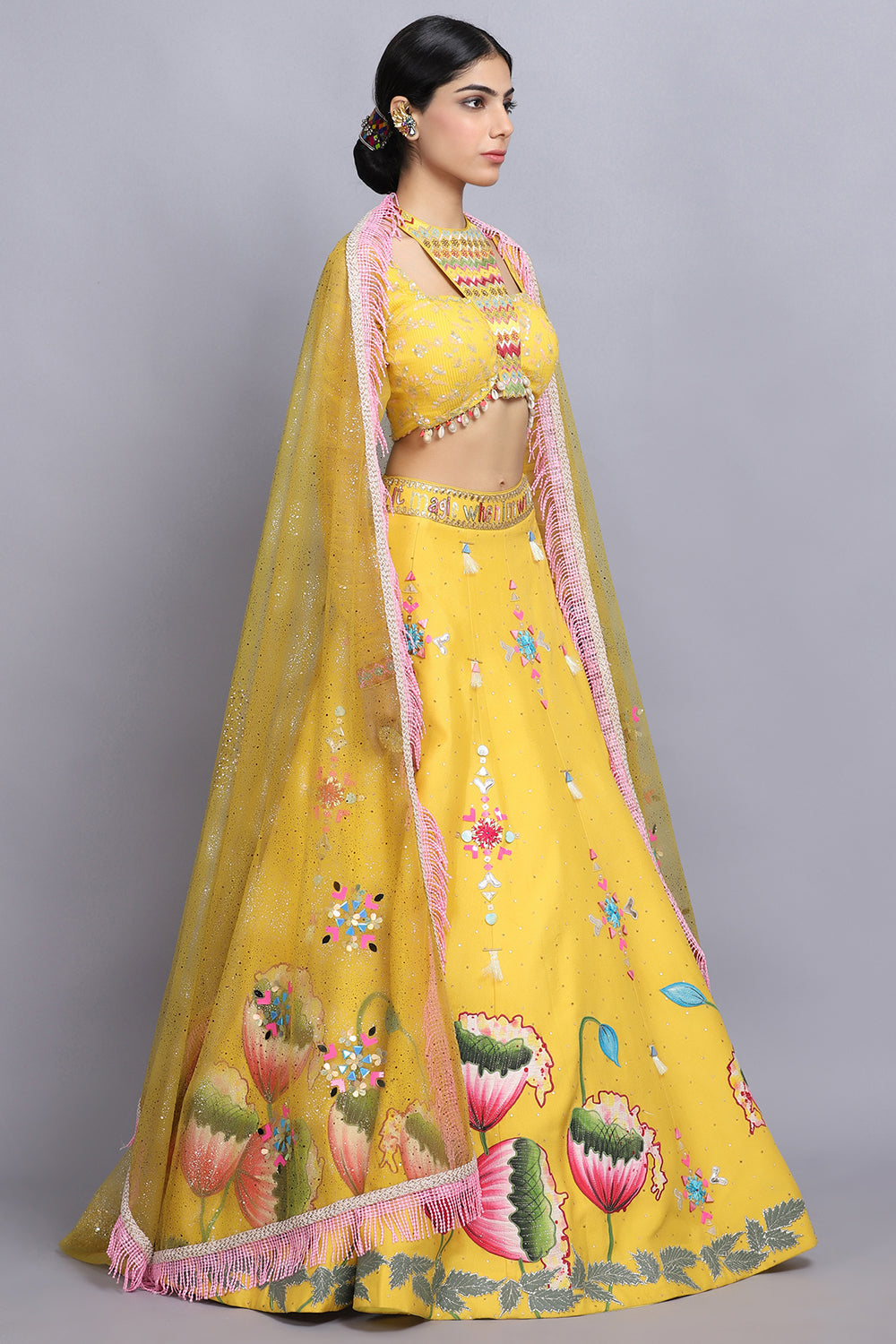 Canary Yellow Handpainted Lehnga Set - Auraya Fashion -  - #tag1# - #tag2# - #tag3# - #tag3#