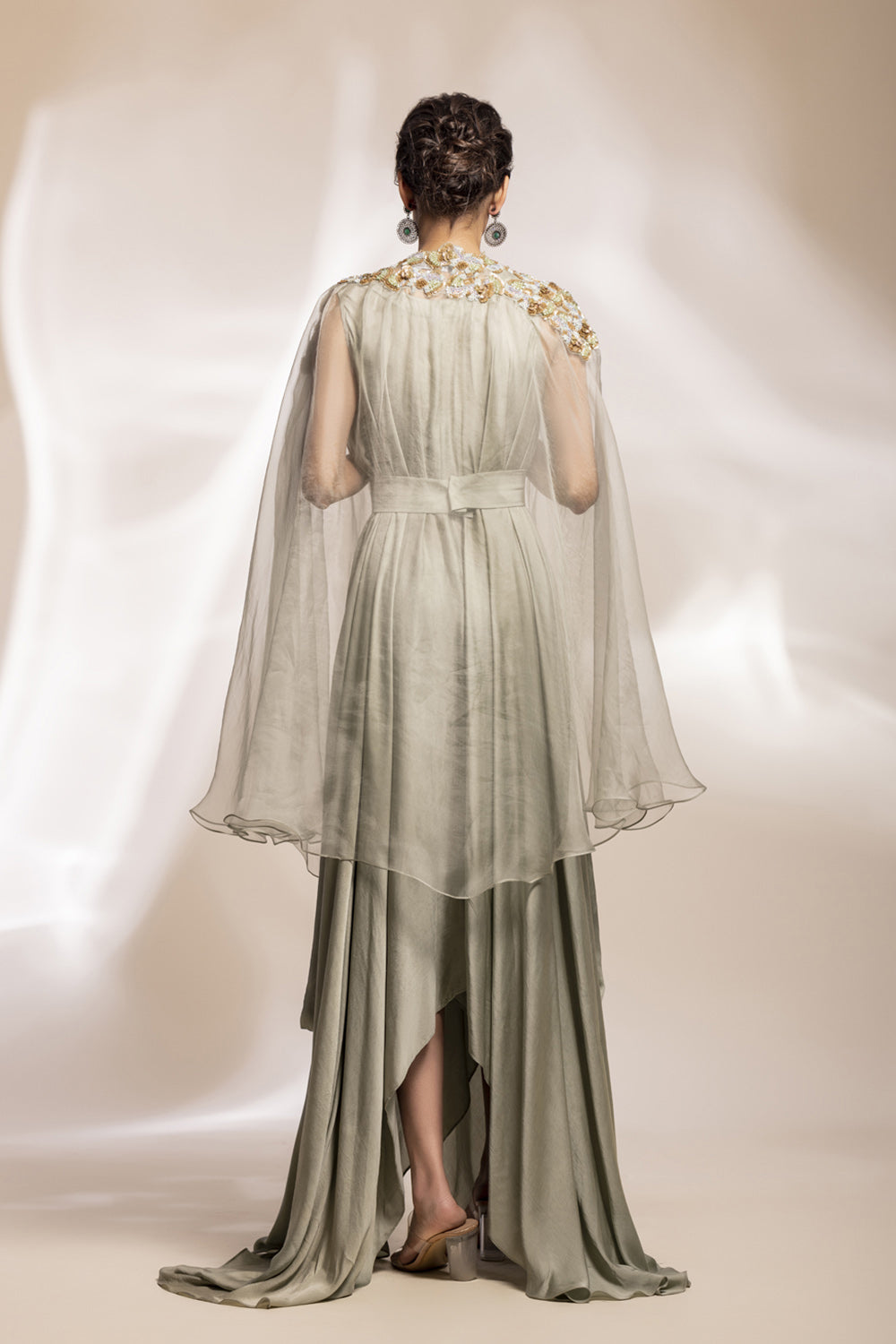 Sage Green Modal Satin Drape With Embroidered Tulle Cape. - Auraya Fashion -  - #tag1# - #tag2# - #tag3# - #tag3#