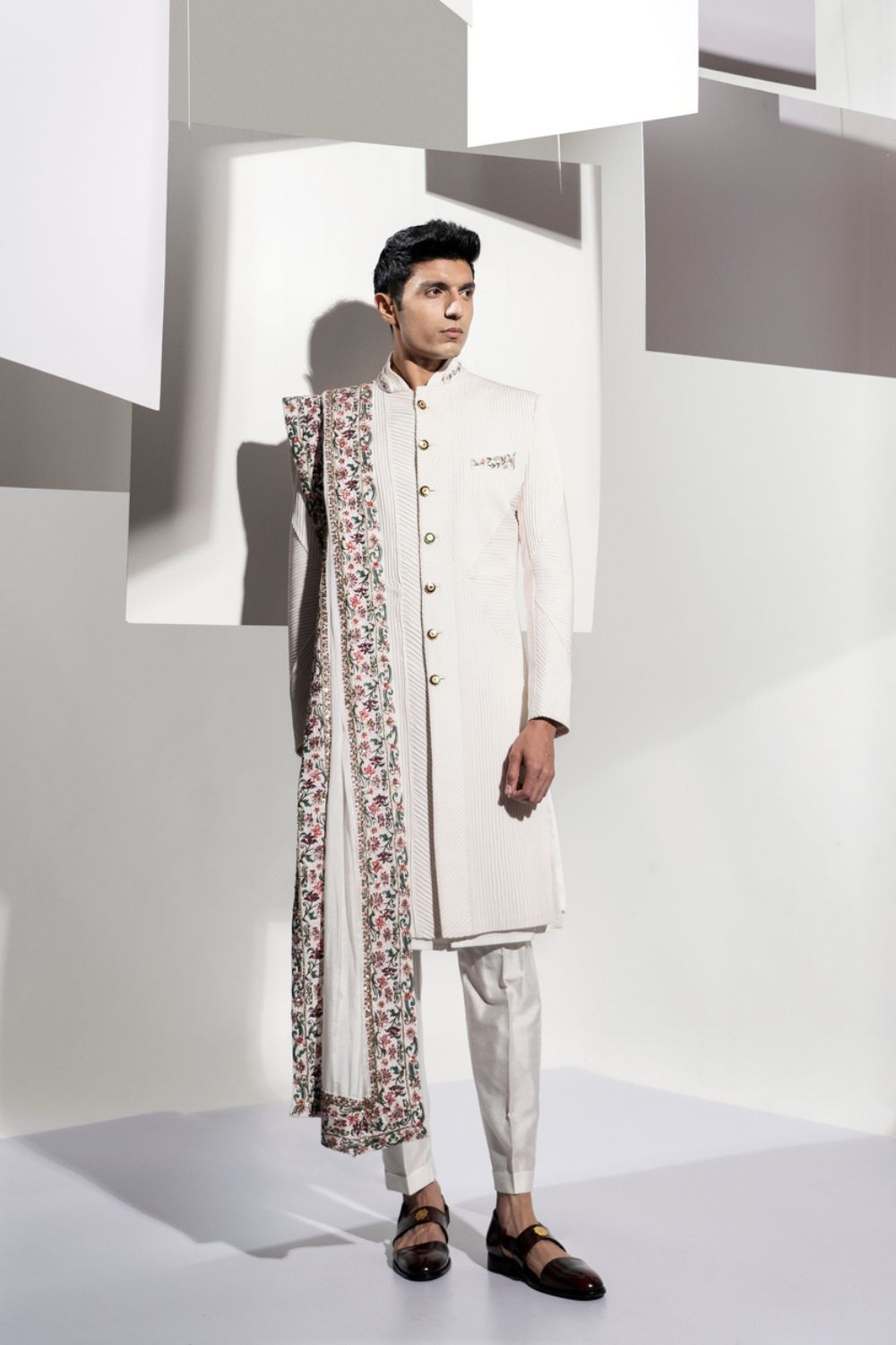 PLEATES SHERWANI WITH STOLL - Auraya Fashion - Ankur J Men - #tag1# - #tag2# - #tag3# - #tag3#