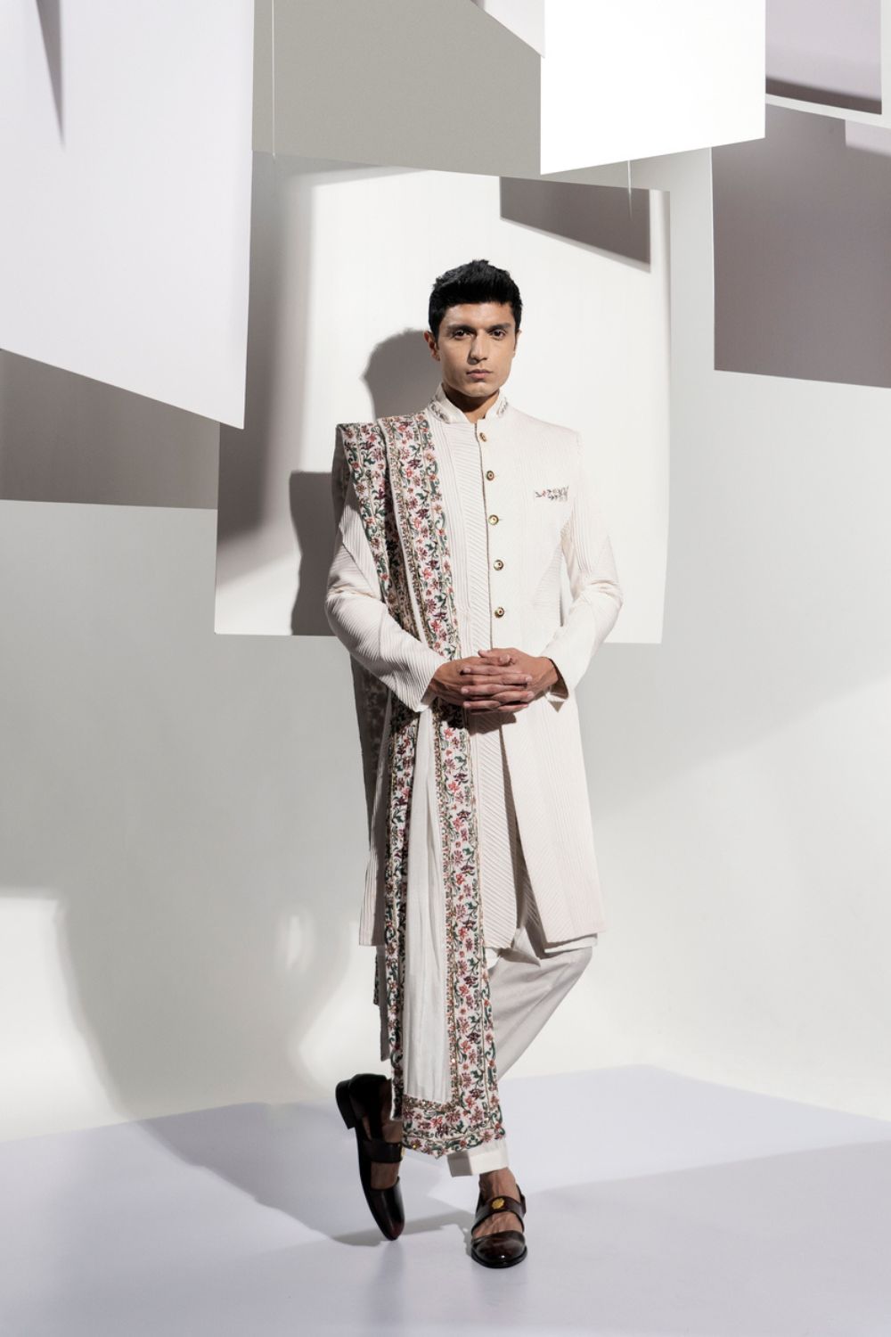 PLEATES SHERWANI WITH STOLL - Auraya Fashion -  - #tag1# - #tag2# - #tag3# - #tag3#