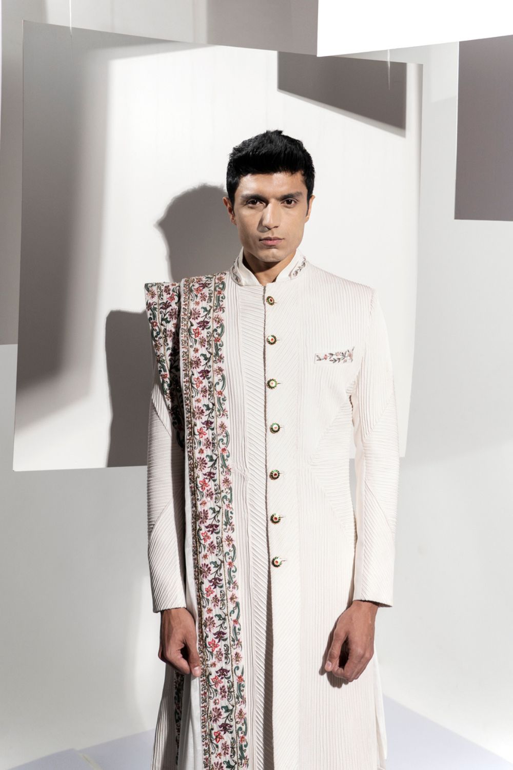 PLEATES SHERWANI WITH STOLL - Auraya Fashion -  - #tag1# - #tag2# - #tag3# - #tag3#