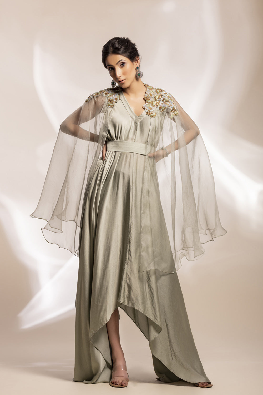 Sage Green Modal Satin Drape With Embroidered Tulle Cape. - Auraya Fashion - Gee Sin by Geetanjali - #tag1# - #tag2# - #tag3# - #tag3#