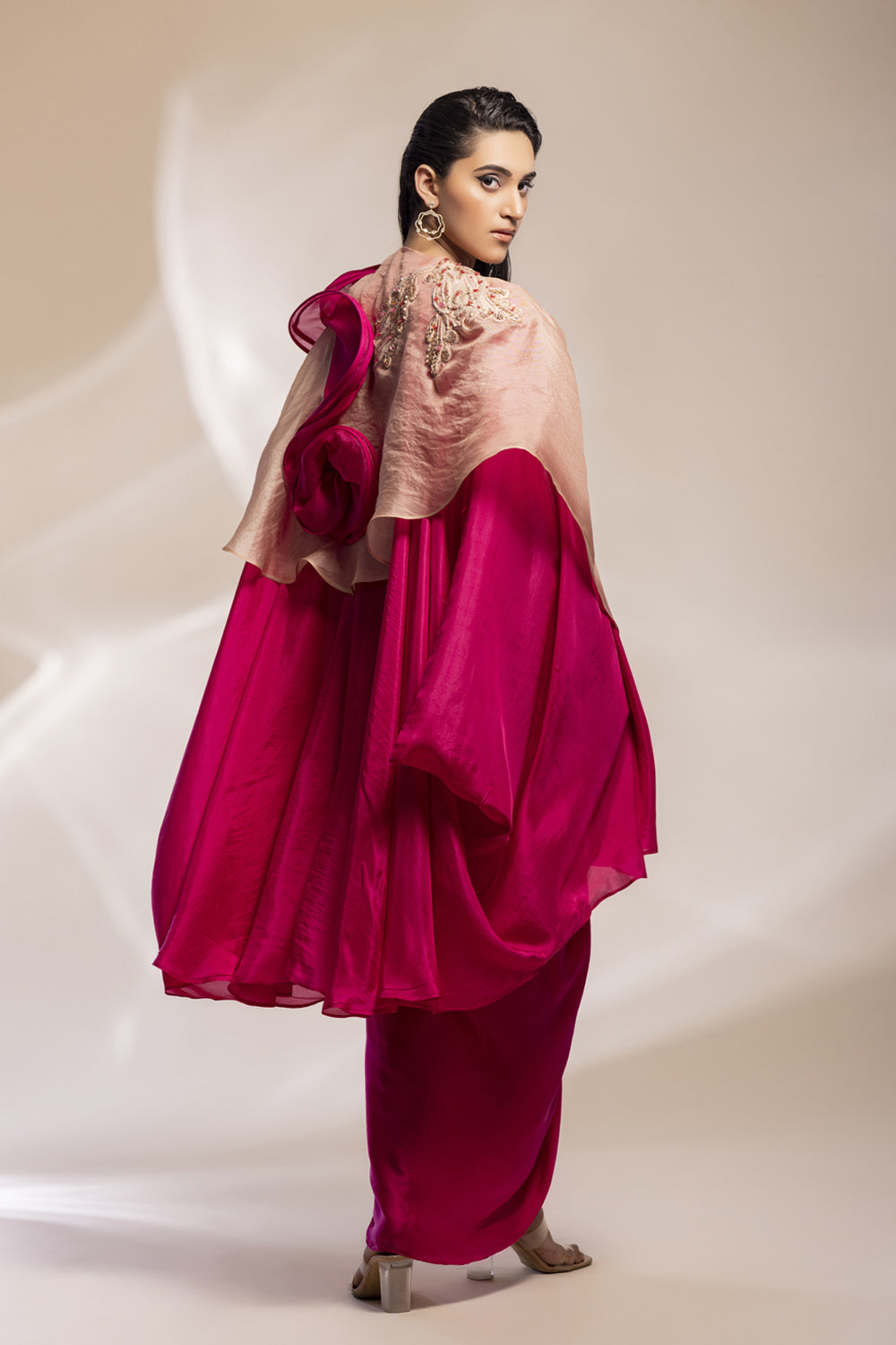 Fuchsia And Champaign Silk Cape With Embroidery, Paired With Satin Modal Dress. - Auraya Fashion -  - #tag1# - #tag2# - #tag3# - #tag3#