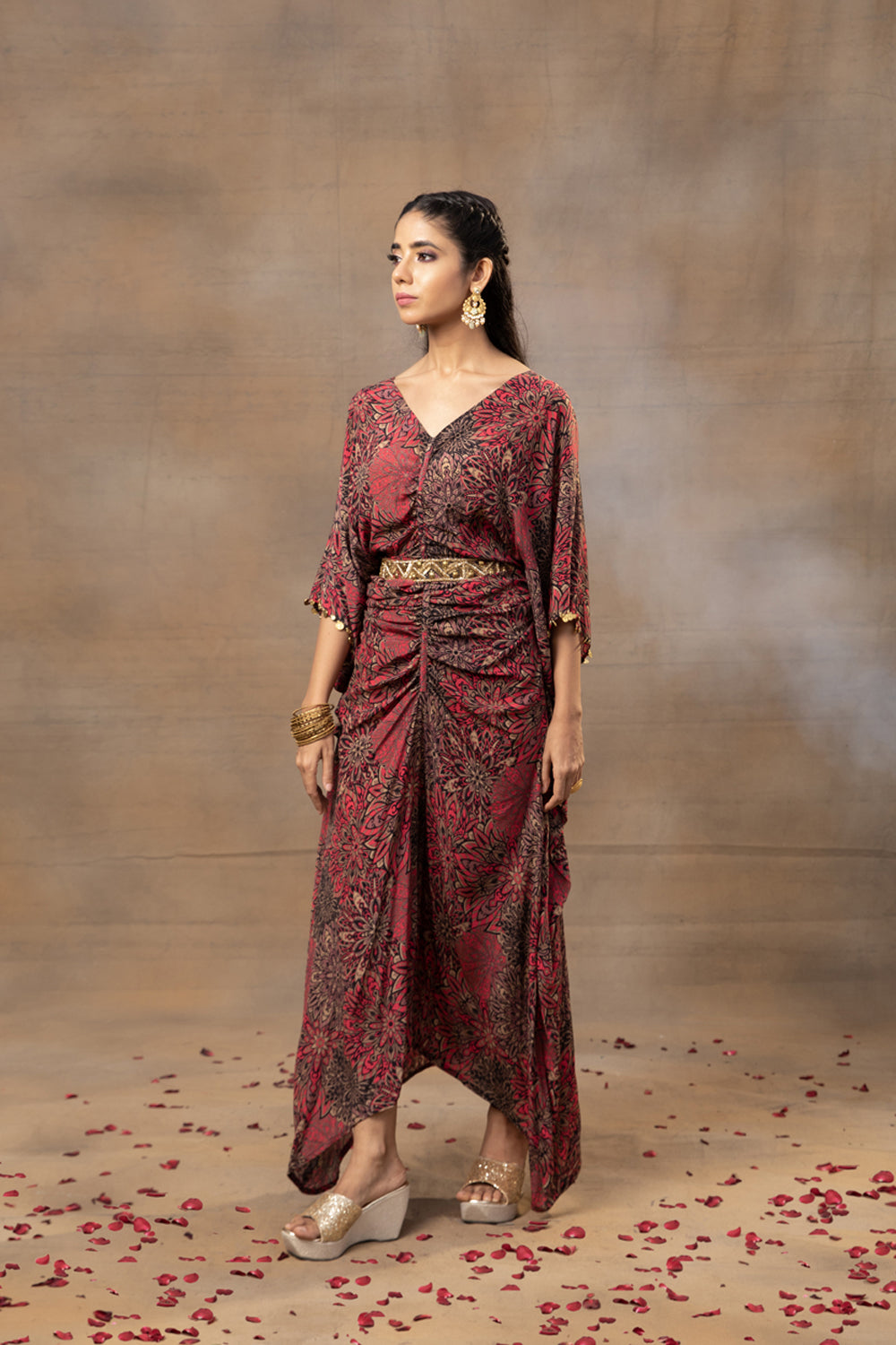 Pink Printed Draped Dress With Embroidered Belt - Auraya Fashion -  - #tag1# - #tag2# - #tag3# - #tag3#