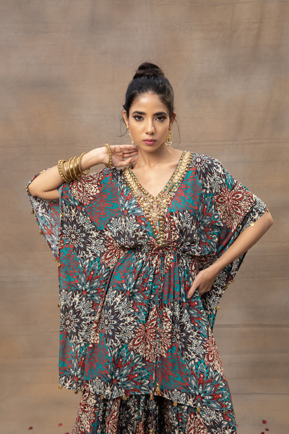 Green Printed Embroidered Kaftan Top With Sharara Set - Auraya Fashion -  - #tag1# - #tag2# - #tag3# - #tag3#