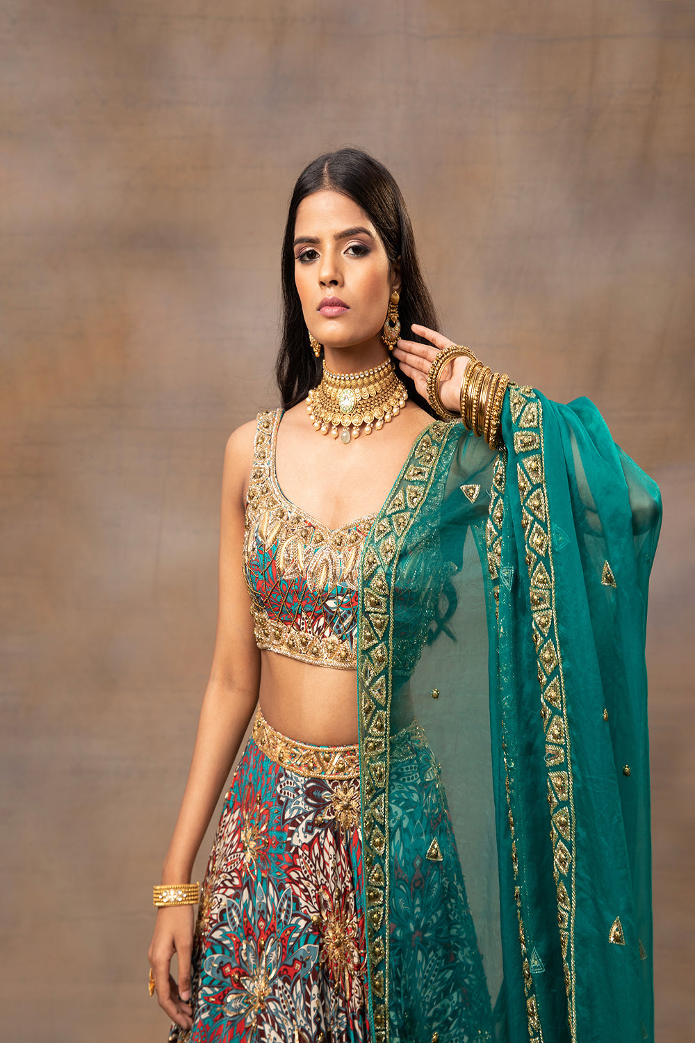 Green Printed Embroidered Choli, Lehenga And Dupatta Set - Auraya Fashion -  - #tag1# - #tag2# - #tag3# - #tag3#