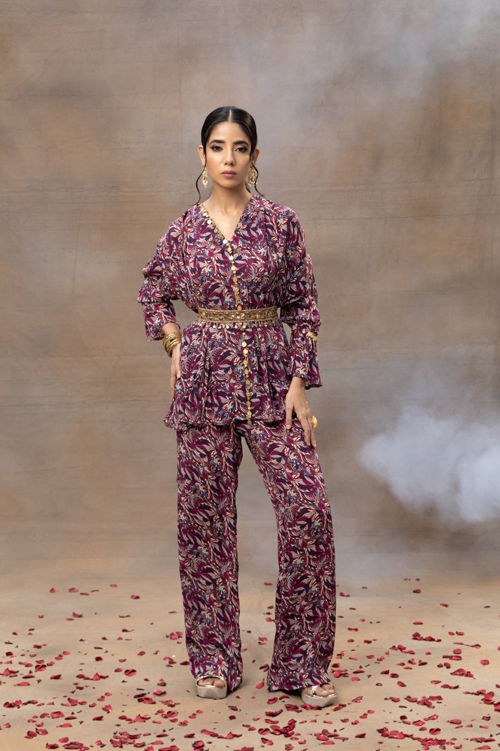 Purple Printed Embroidered Top, Pants And Belt Co Ord Set - Auraya Fashion - Mehak Murpana - #tag1# - #tag2# - #tag3# - #tag3#