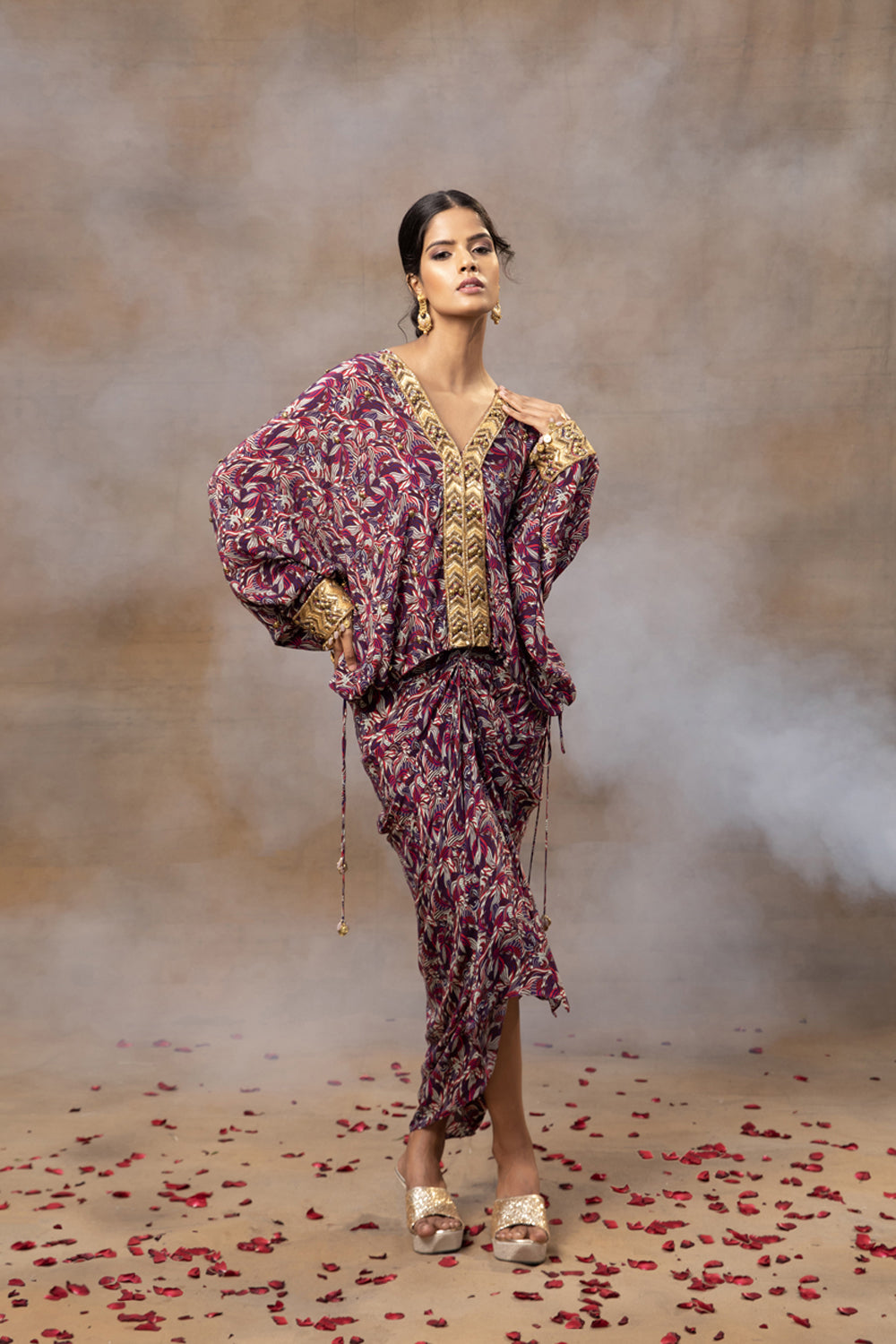 Purple Printed Embroidered Batwing Top With Draped Skirt Set - Auraya Fashion - Mehak Murpana - #tag1# - #tag2# - #tag3# - #tag3#