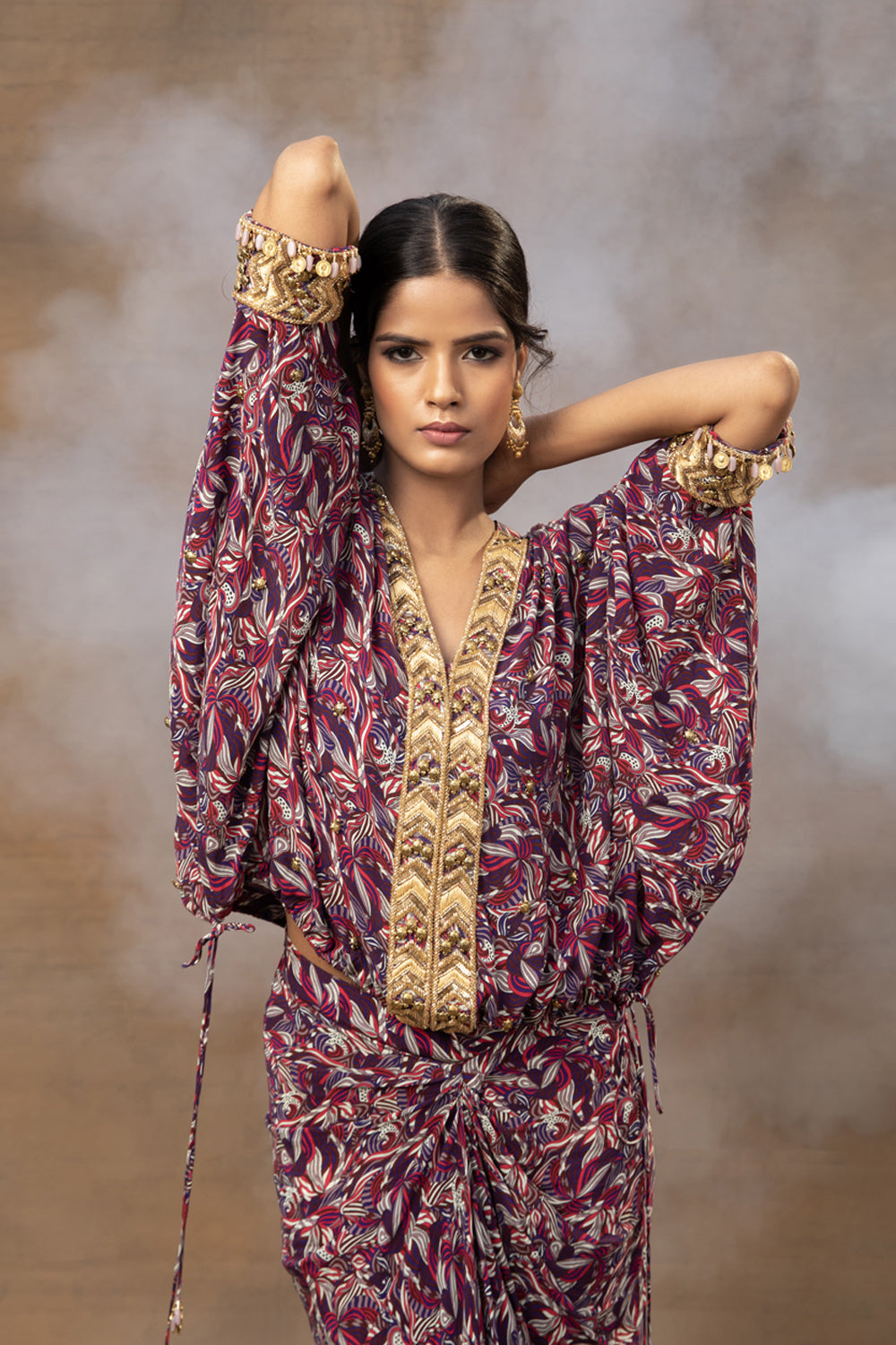 Purple Printed Embroidered Batwing Top With Draped Skirt Set - Auraya Fashion -  - #tag1# - #tag2# - #tag3# - #tag3#