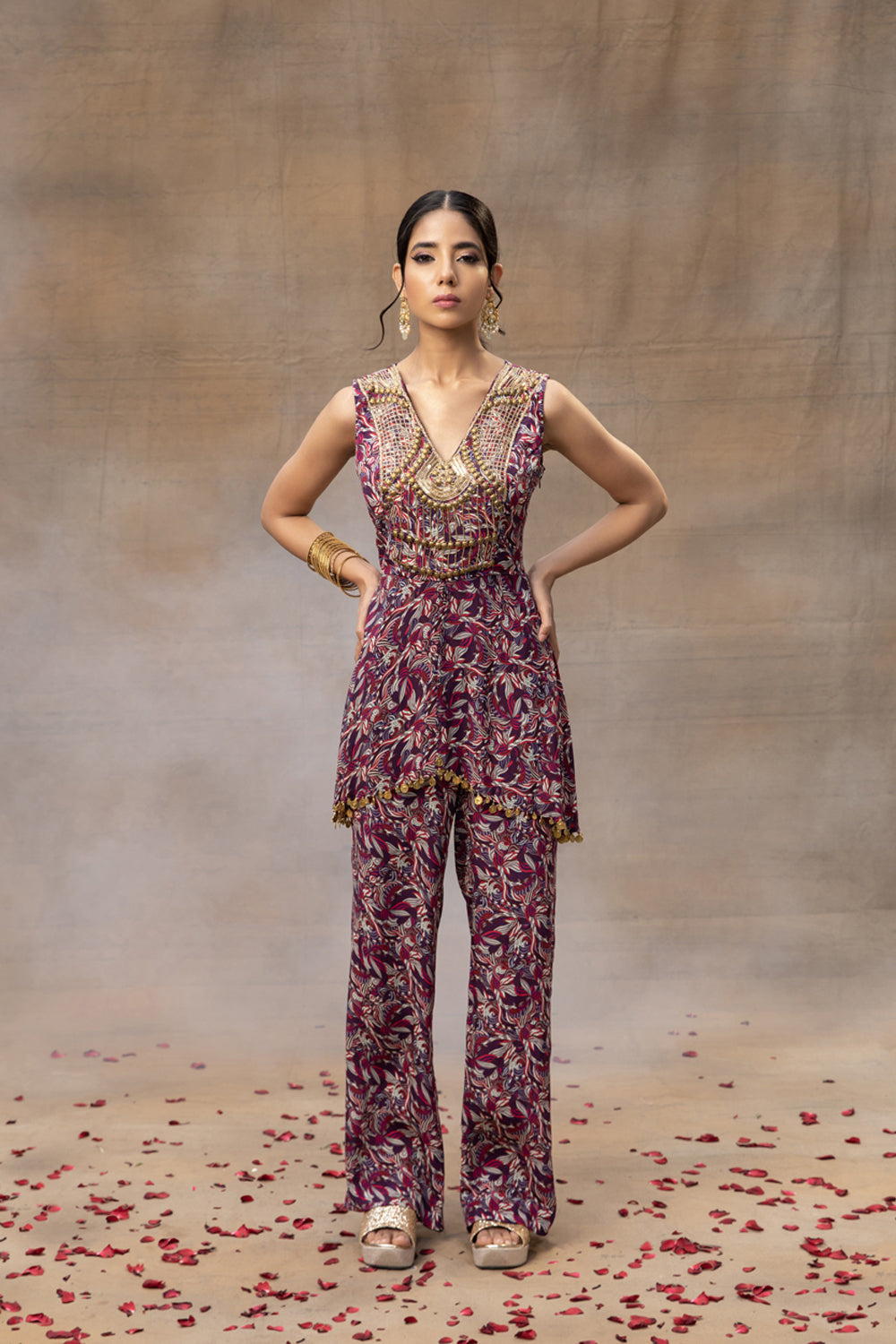 Purple Printed Embroidered Top With Pants Set - Auraya Fashion - Mehak Murpana - #tag1# - #tag2# - #tag3# - #tag3#