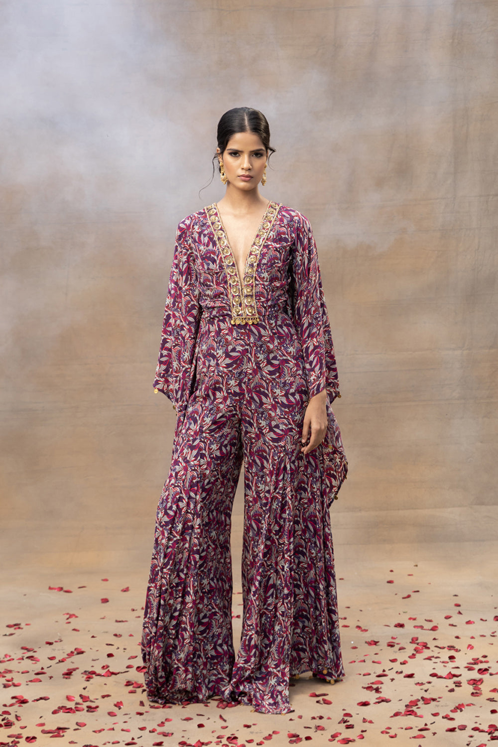 Purple Printed Embroidered Kaftan Jumpsuit - Auraya Fashion - Mehak Murpana - #tag1# - #tag2# - #tag3# - #tag3#