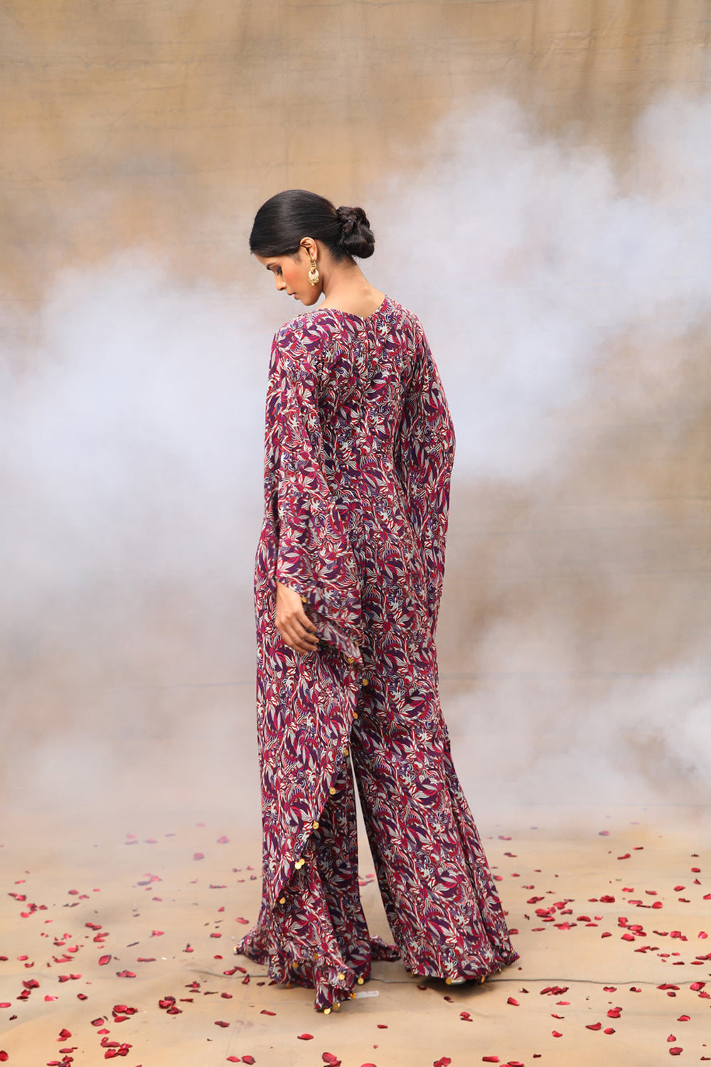 Purple Printed Embroidered Kaftan Jumpsuit - Auraya Fashion -  - #tag1# - #tag2# - #tag3# - #tag3#