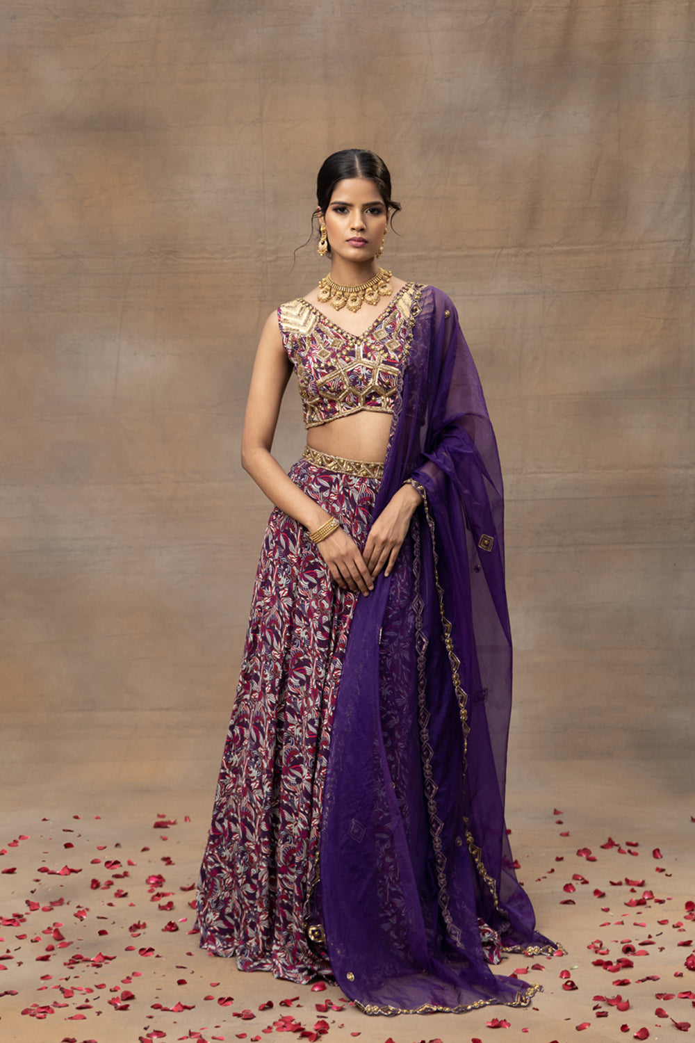 Purple Printed Embroidered Choli, Lehenga And Dupatta Set - Auraya Fashion - Mehak Murpana - #tag1# - #tag2# - #tag3# - #tag3#