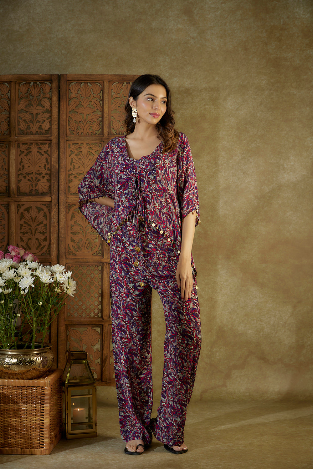 Purple Printed Kaftan Top, Bustier And Pants Co Ord Set - Auraya Fashion - Mehak Murpana - #tag1# - #tag2# - #tag3# - #tag3#