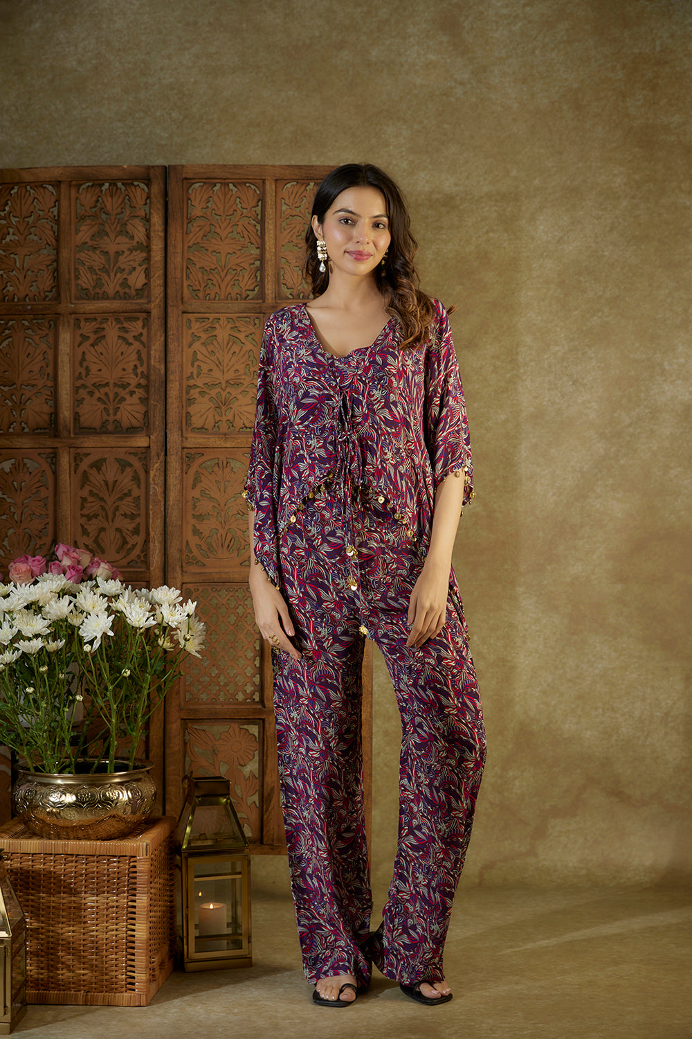 Purple Printed Kaftan Top, Bustier And Pants Co Ord Set - Auraya Fashion -  - #tag1# - #tag2# - #tag3# - #tag3#