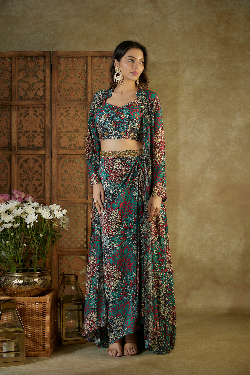 Green Printed Choli, Draped Skirts And Jacket Set - Auraya Fashion - Mehak Murpana - #tag1# - #tag2# - #tag3# - #tag3#