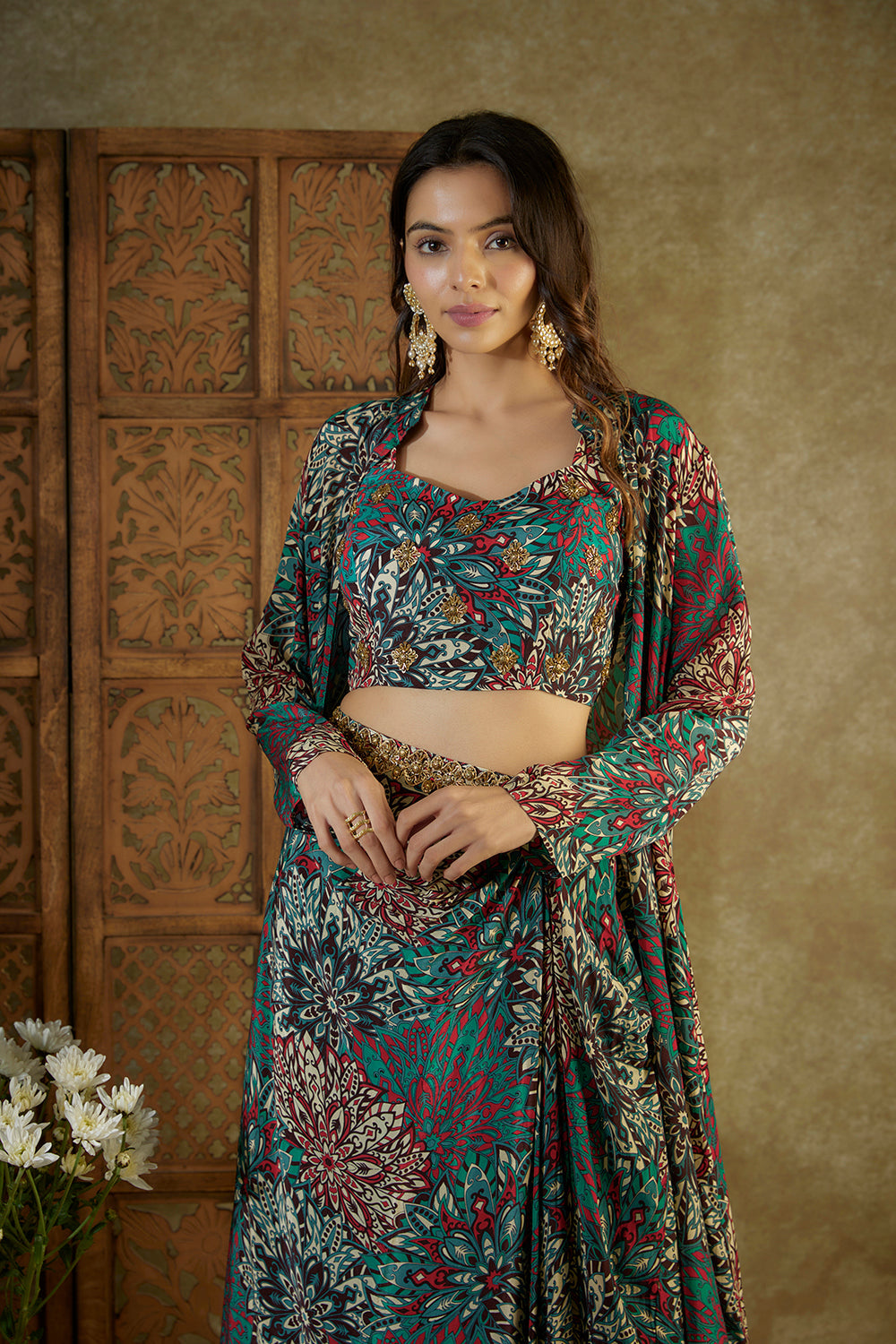 Green Printed Choli, Draped Skirts And Jacket Set - Auraya Fashion -  - #tag1# - #tag2# - #tag3# - #tag3#