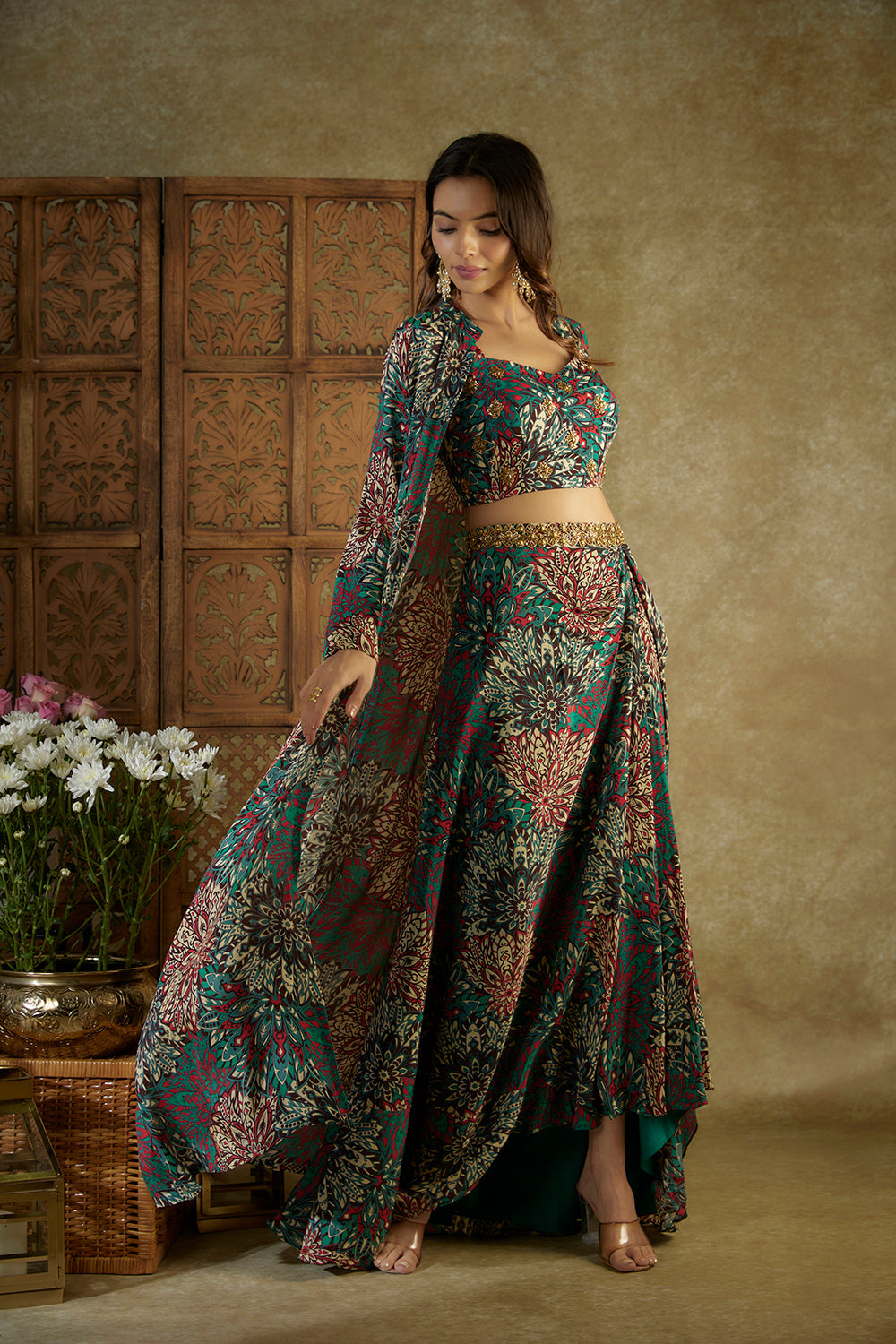 Green Printed Choli, Draped Skirts And Jacket Set - Auraya Fashion -  - #tag1# - #tag2# - #tag3# - #tag3#