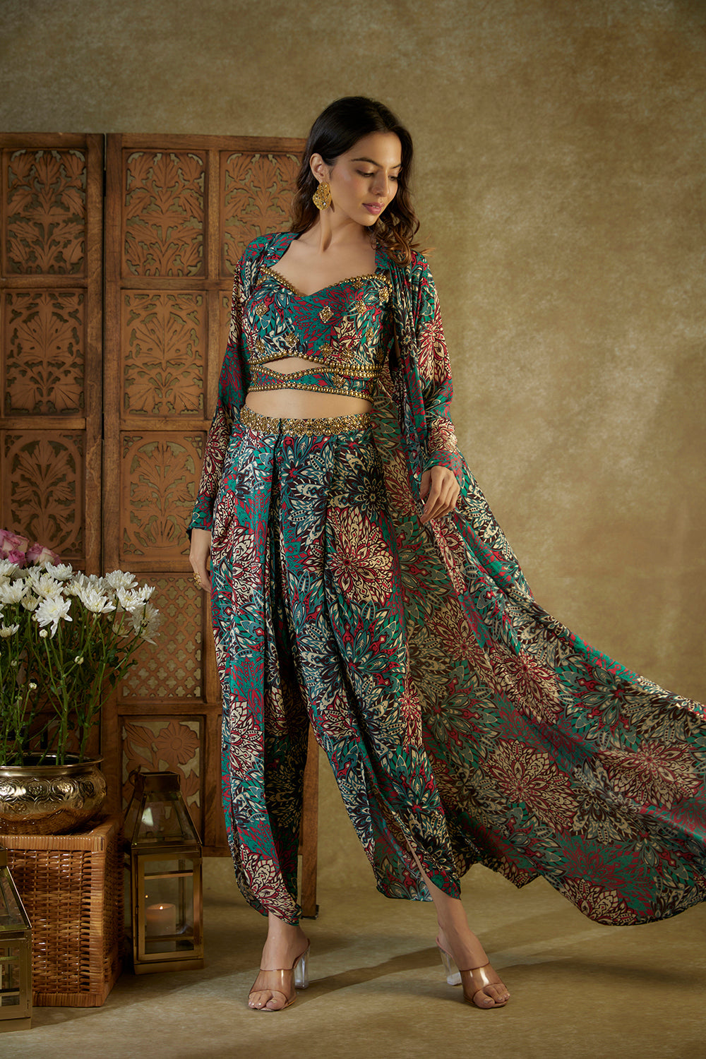 Green Printed Choli, Dhoti And Jacket Set With Embroidery - Auraya Fashion -  - #tag1# - #tag2# - #tag3# - #tag3#