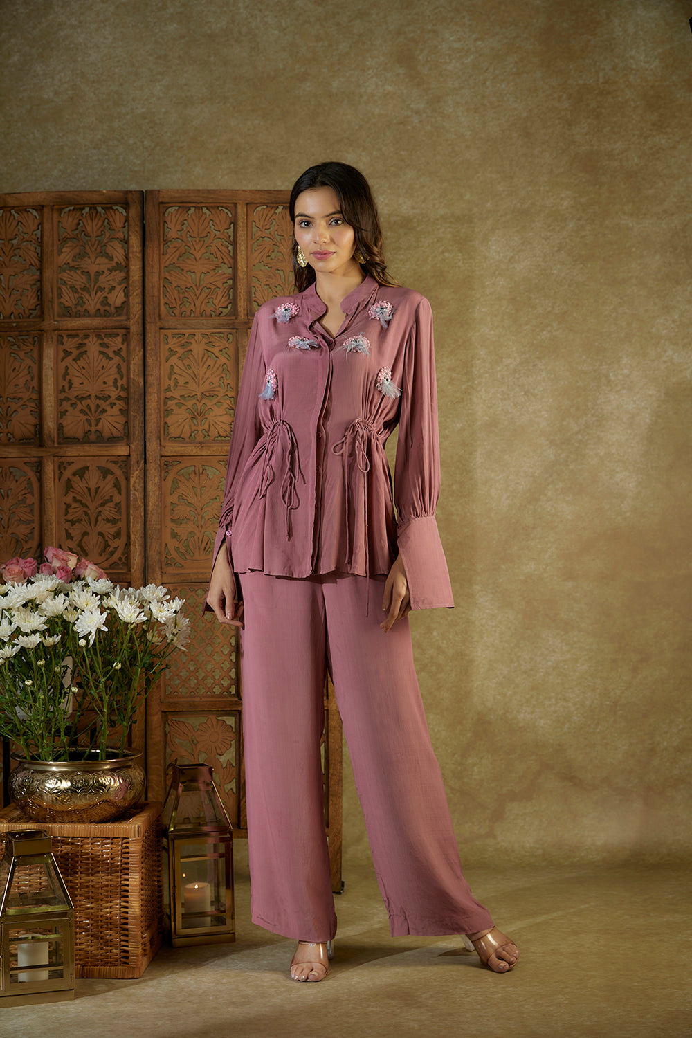 Rose Pink Tie Up Co Ord Set With Feather Detailing - Auraya Fashion - Mehak Murpana - #tag1# - #tag2# - #tag3# - #tag3#