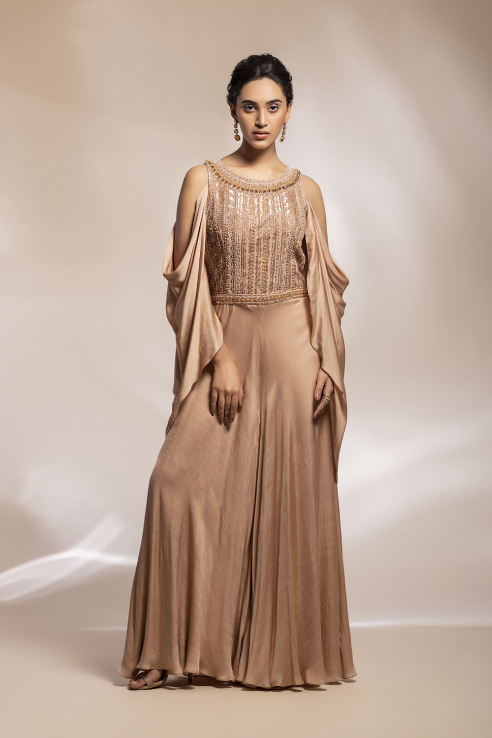 Champaign Gold Jumpsuit With Embroidered Bodice And Draped Sleeves. - Auraya Fashion - Gee Sin by Geetanjali - #tag1# - #tag2# - #tag3# - #tag3#