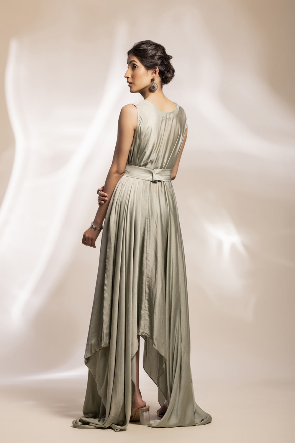 Sage Green Modal Satin Drape With Embroidered Tulle Cape. - Auraya Fashion -  - #tag1# - #tag2# - #tag3# - #tag3#