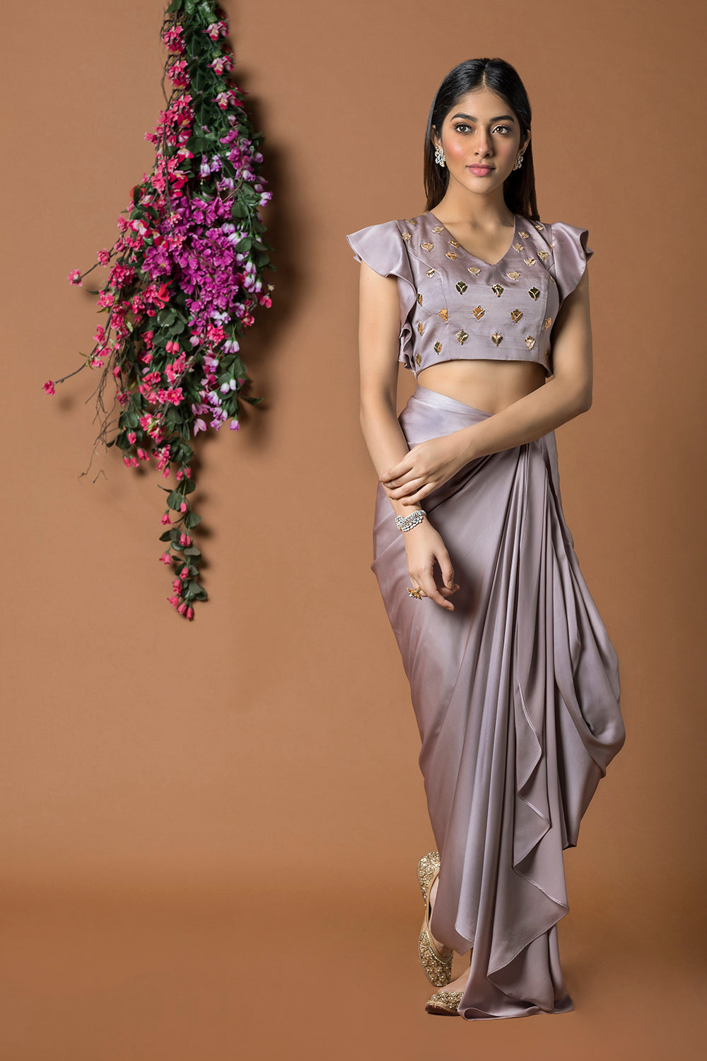 Coffee Crop Top And Draped Skirt - Auraya Fashion - Mehak Murpana - #tag1# - #tag2# - #tag3# - #tag3#