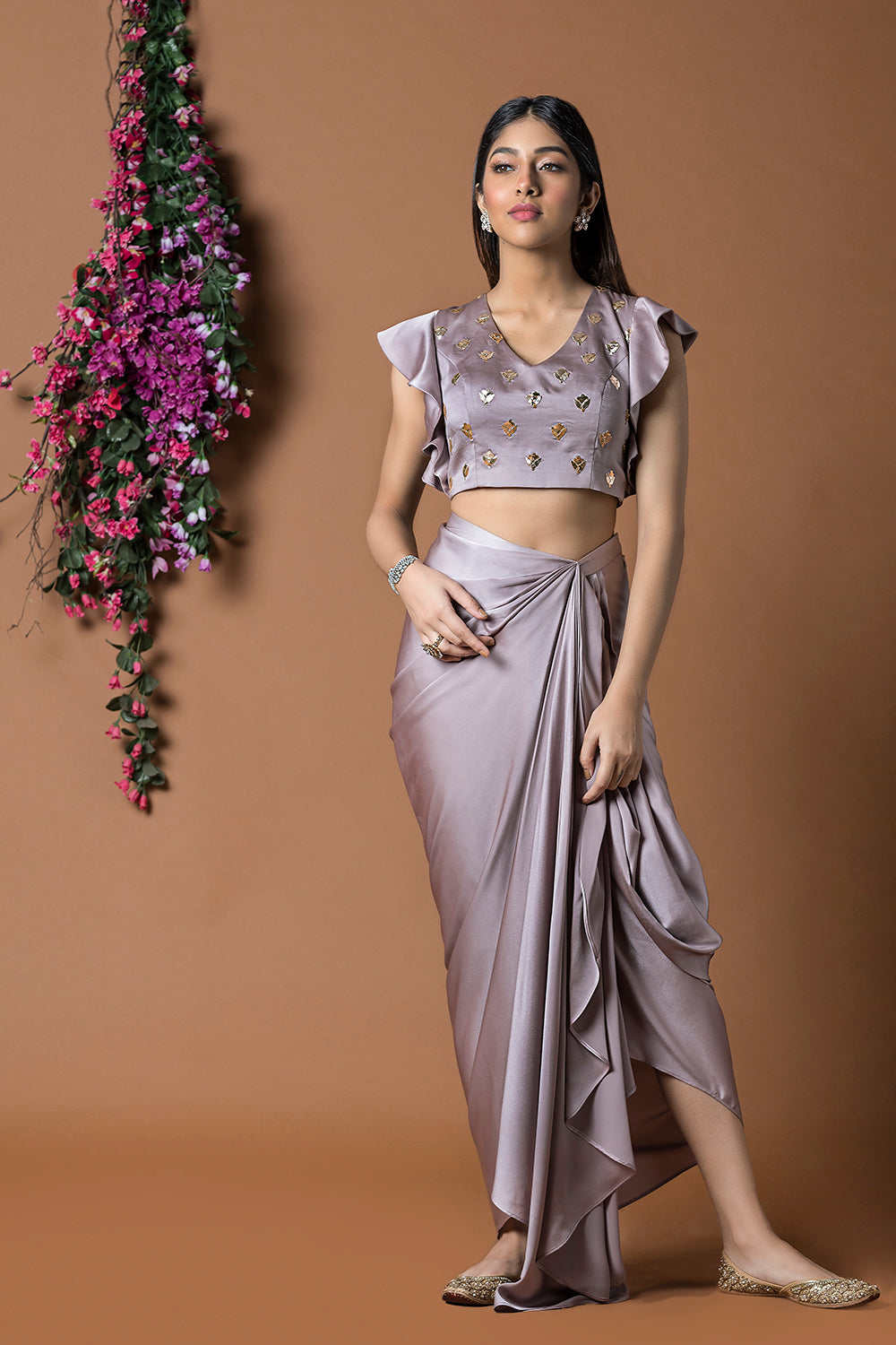 Coffee Crop Top And Draped Skirt - Auraya Fashion -  - #tag1# - #tag2# - #tag3# - #tag3#