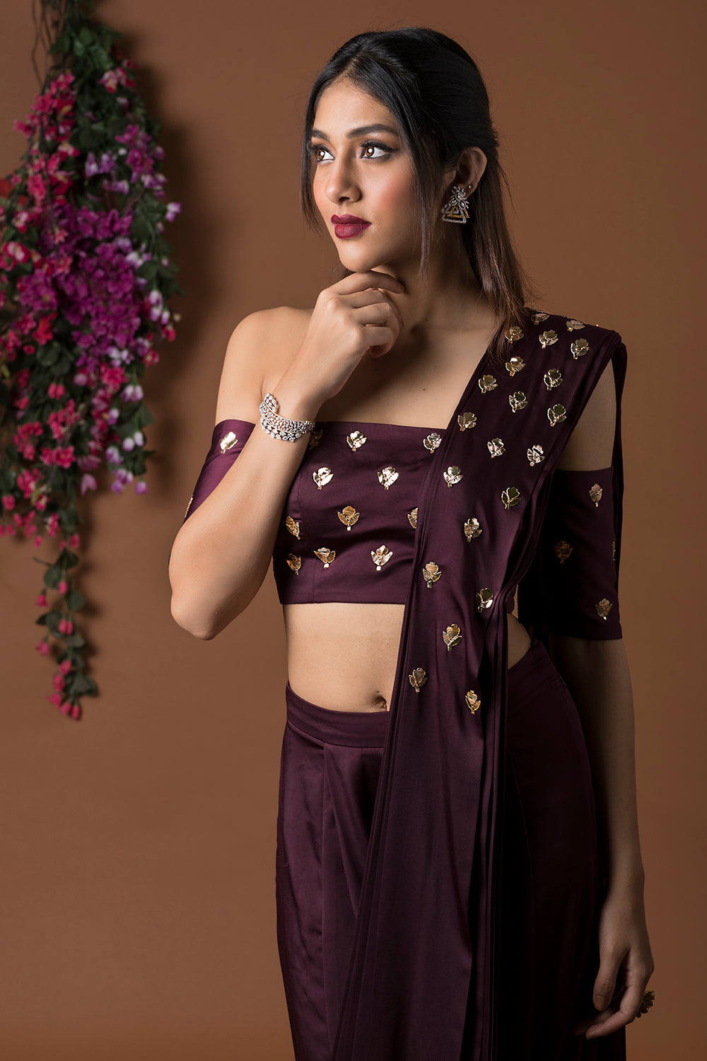 Wine Crop Top With Low Crotch Dhoti Sari