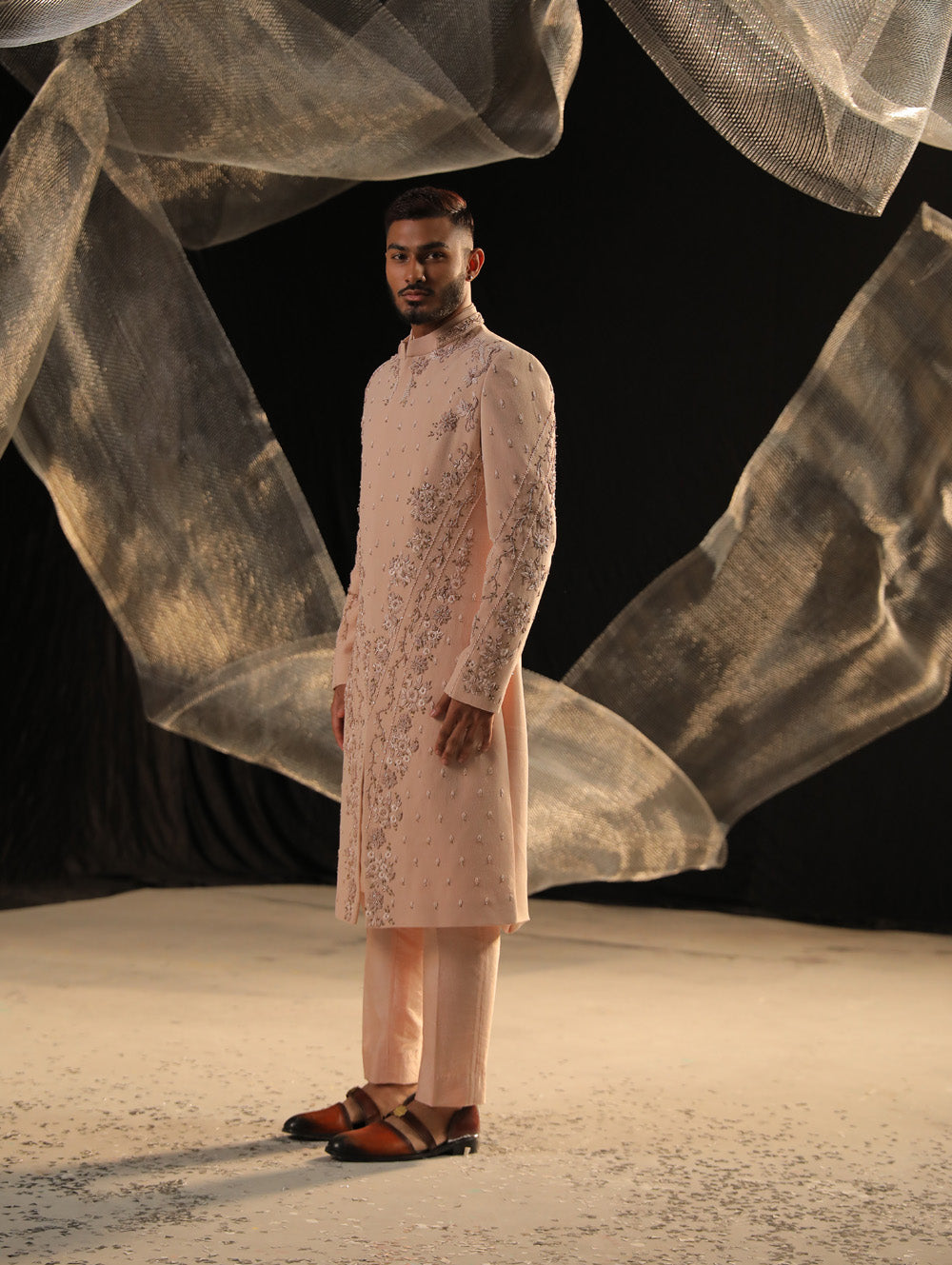 Cameo Pink Crape Sherwani With Dabka And Resham Work Embelished With Brass Work - Auraya Fashion -  - #tag1# - #tag2# - #tag3# - #tag3#