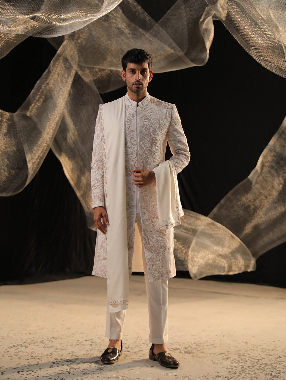 Ivory Sherwani With Bead Work And Zardozi - Auraya Fashion - Ankur J Men - #tag1# - #tag2# - #tag3# - #tag3#