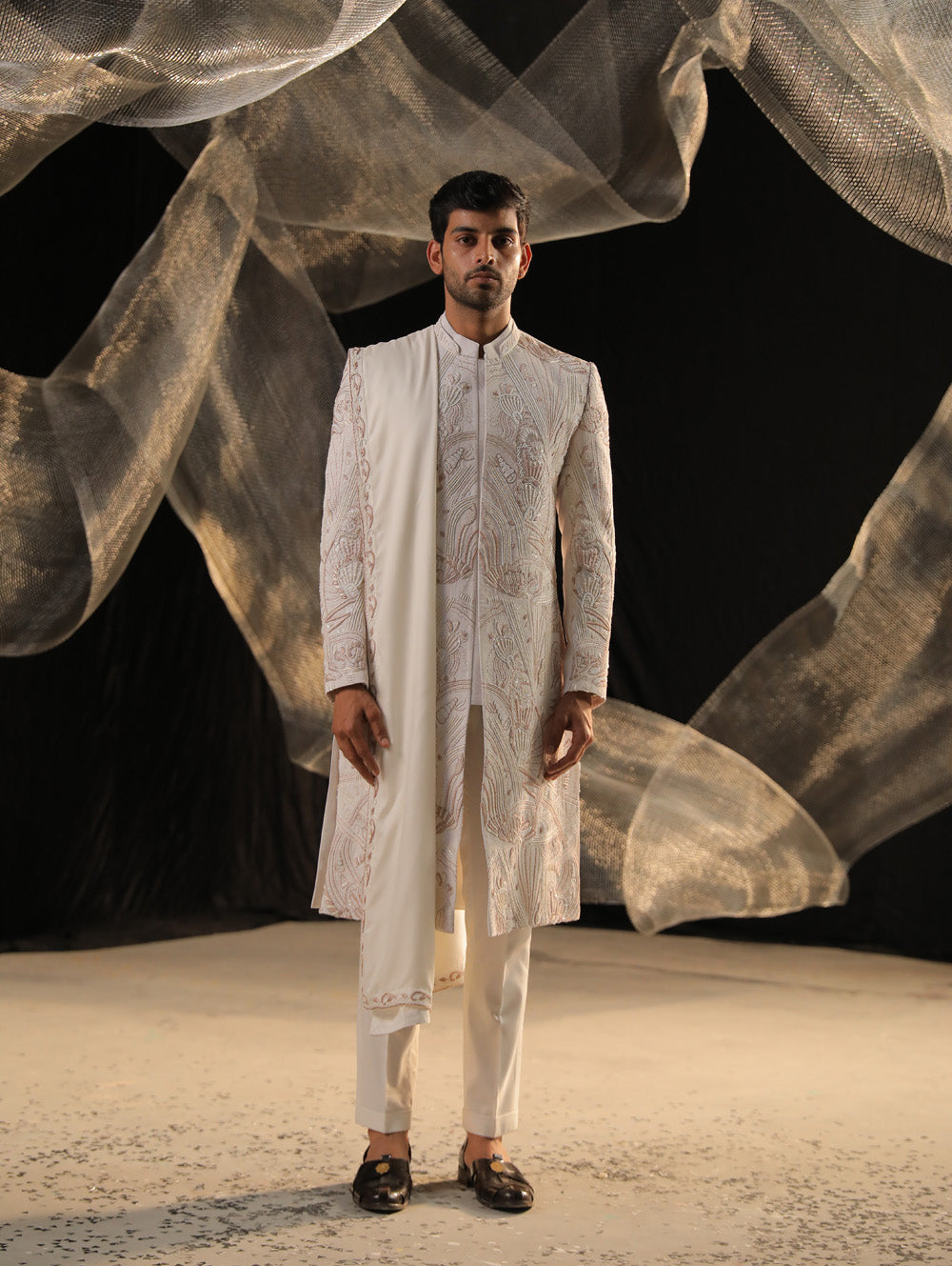 Ivory Sherwani With Bead Work And Zardozi - Auraya Fashion -  - #tag1# - #tag2# - #tag3# - #tag3#