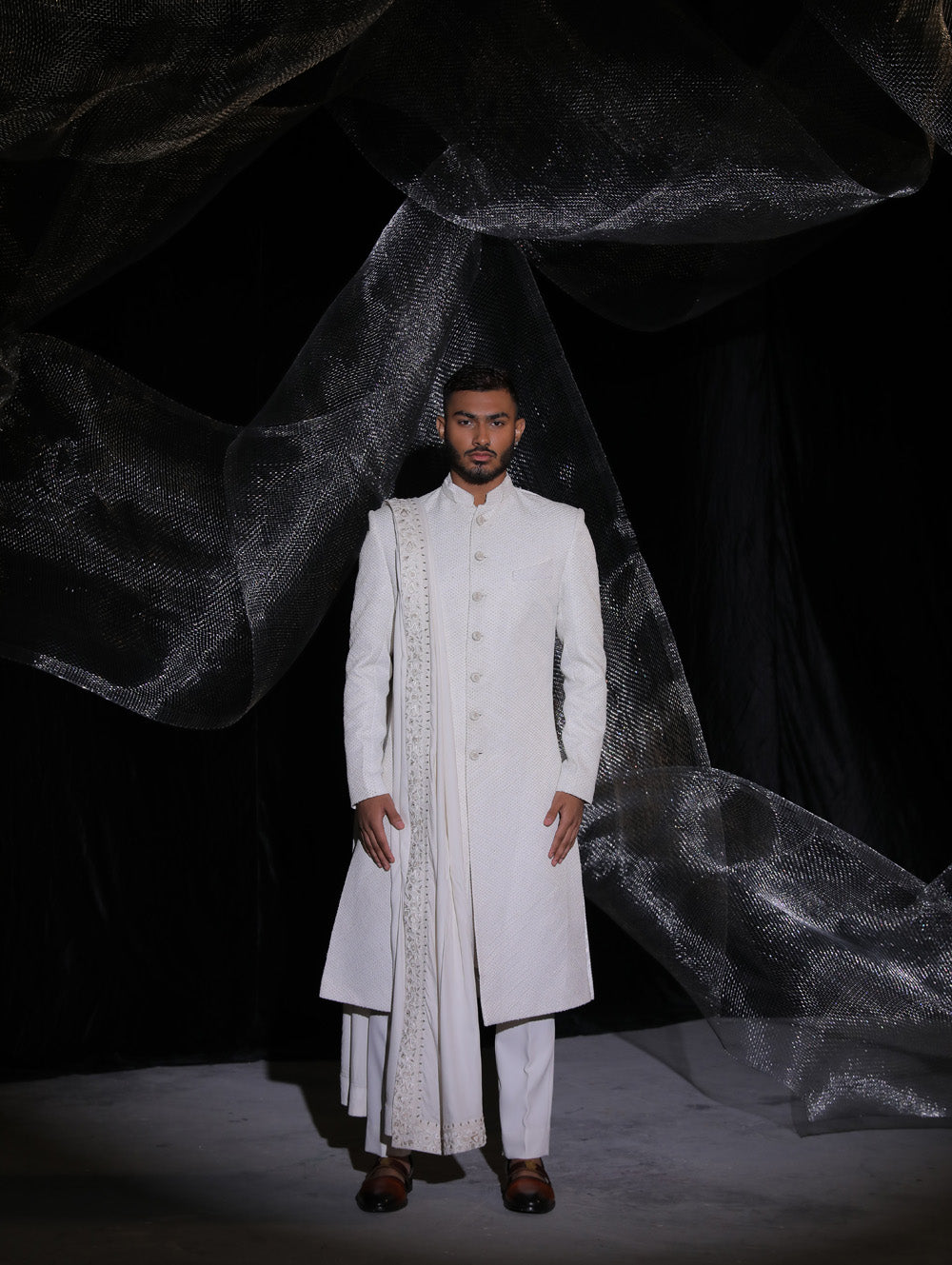 Pearl White Sherwani With Hand Embroidery On Dupatta - Auraya Fashion - Ankur J Men - #tag1# - #tag2# - #tag3# - #tag3#