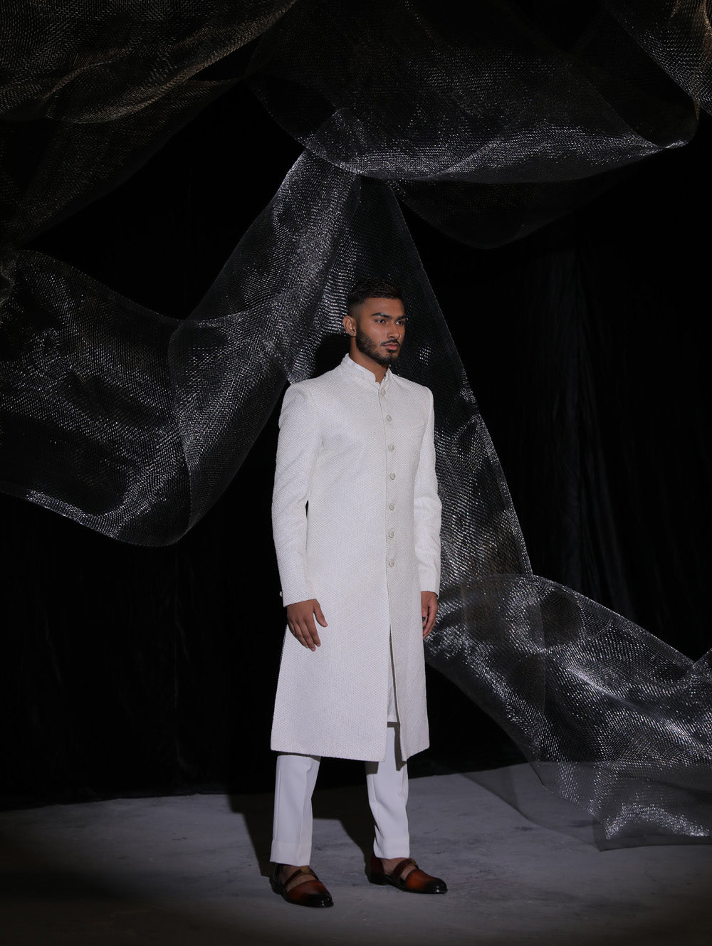 Pearl White Sherwani With Hand Embroidery On Dupatta - Auraya Fashion -  - #tag1# - #tag2# - #tag3# - #tag3#