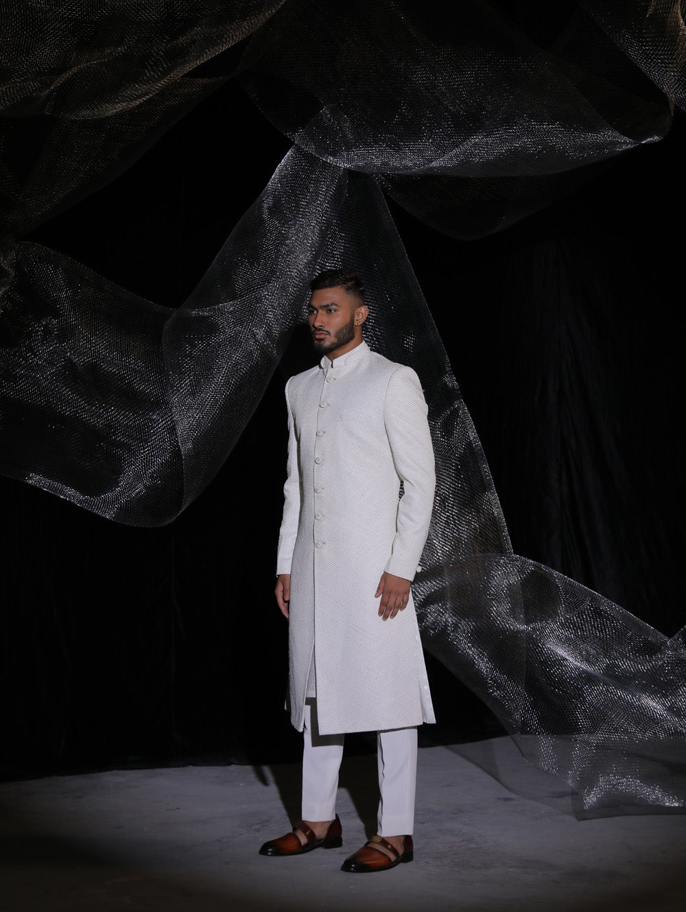 Pearl White Sherwani With Hand Embroidery On Dupatta - Auraya Fashion -  - #tag1# - #tag2# - #tag3# - #tag3#