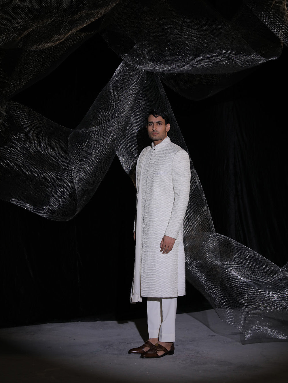 Vista White Sherwani With French Knot All Over The Sherwani