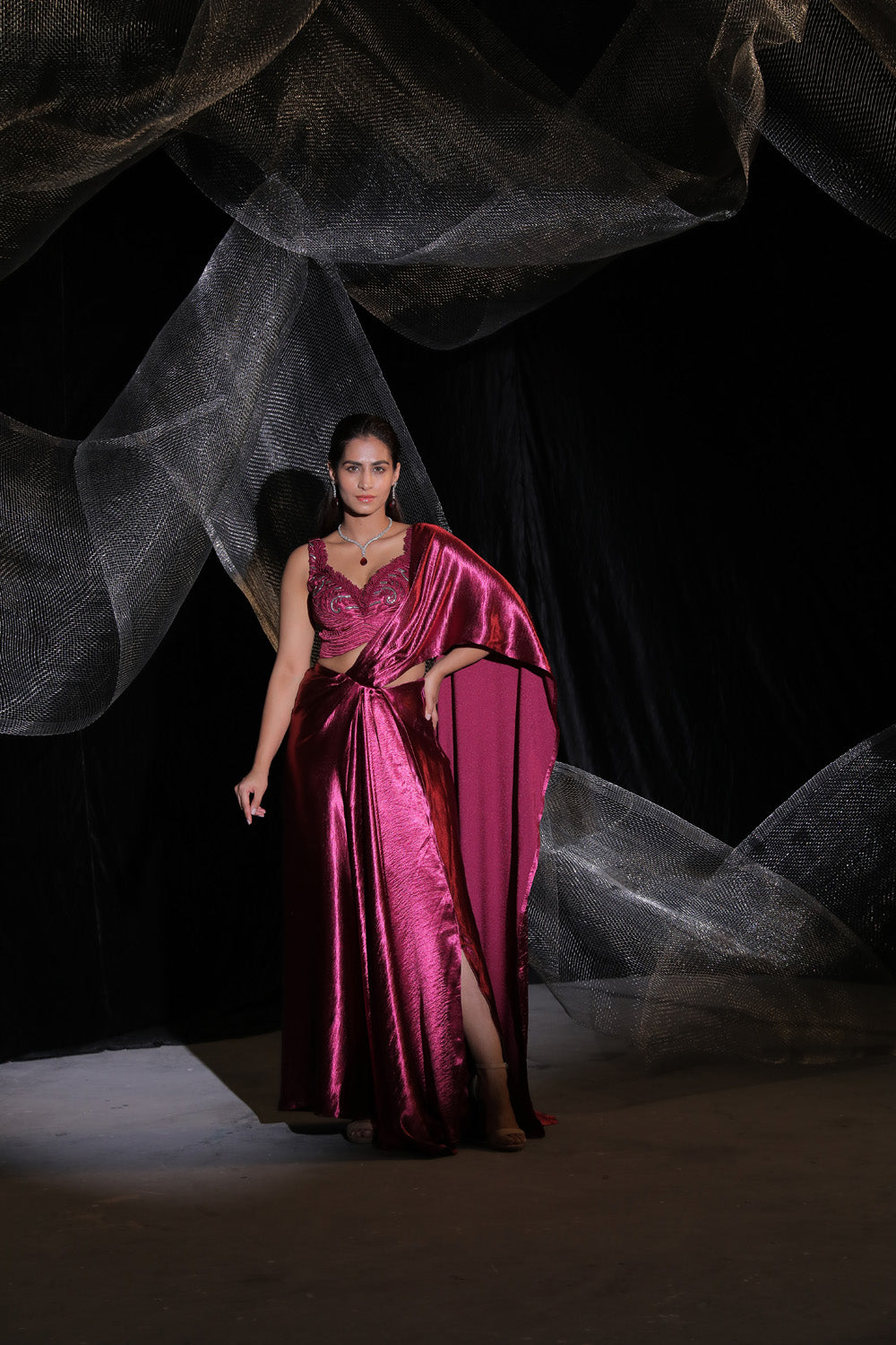 Metallic Pink Drape Saree (Signature) - Auraya Fashion - Ankur J - #tag1# - #tag2# - #tag3# - #tag3#