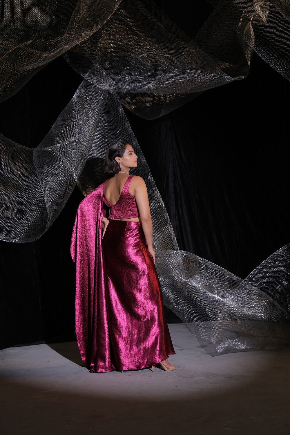 Metallic Pink Drape Saree (Signature) - Auraya Fashion -  - #tag1# - #tag2# - #tag3# - #tag3#