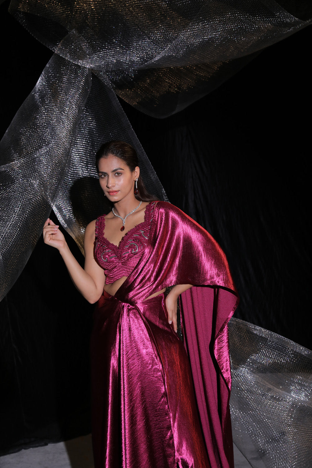 Metallic Pink Drape Saree (Signature) - Auraya Fashion -  - #tag1# - #tag2# - #tag3# - #tag3#