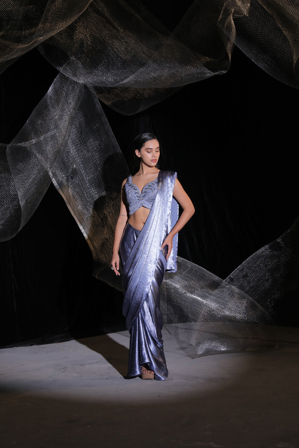 Midnight Ash Drape Saree - Auraya Fashion -  - #tag1# - #tag2# - #tag3# - #tag3#