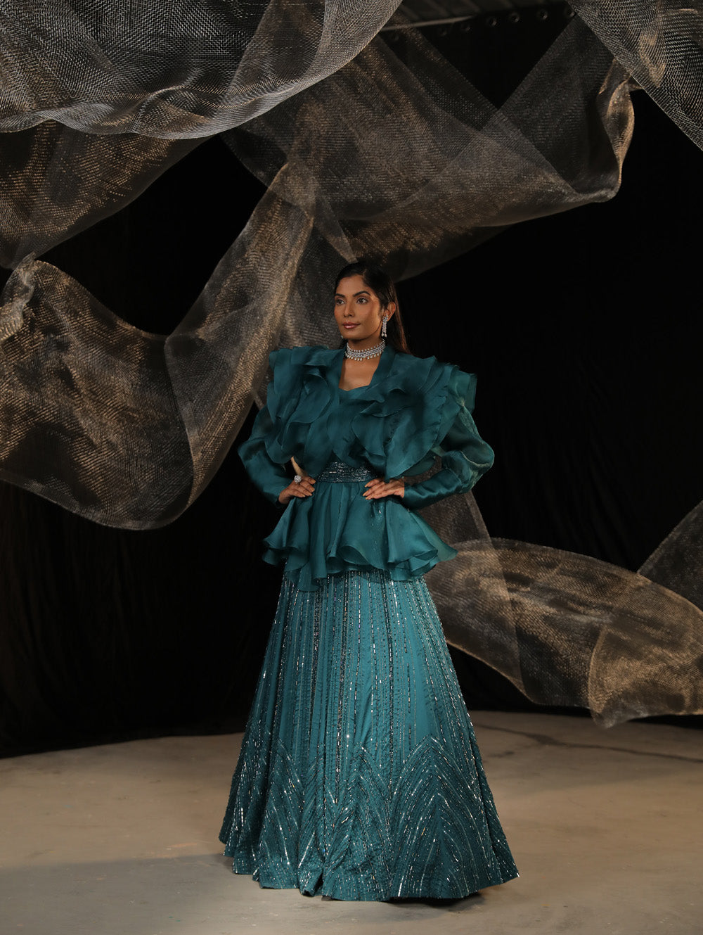 Cyan Overlay Jacket Lehenga - Auraya Fashion -  - #tag1# - #tag2# - #tag3# - #tag3#