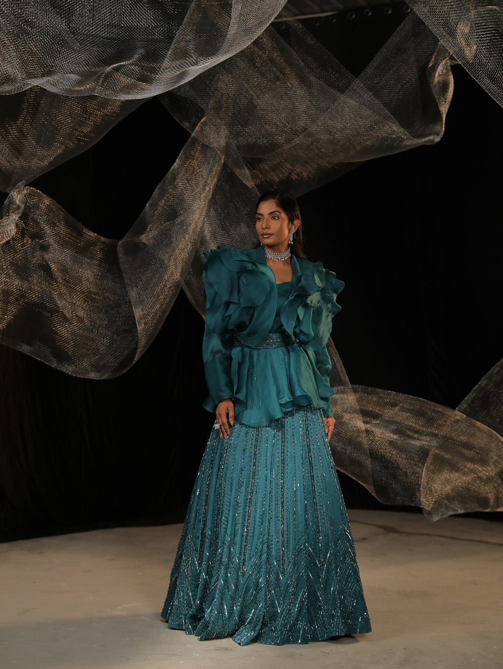 Cyan Overlay Jacket Lehenga - Auraya Fashion -  - #tag1# - #tag2# - #tag3# - #tag3#
