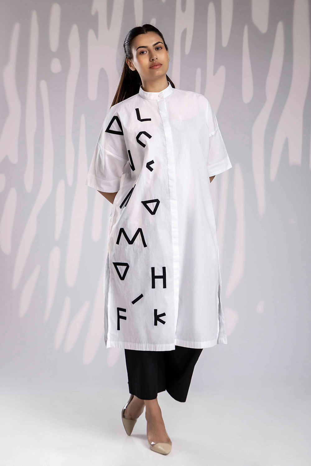 Alphabetic Long Shirt Set - White & Black - Auraya Fashion -  - #tag1# - #tag2# - #tag3# - #tag3#