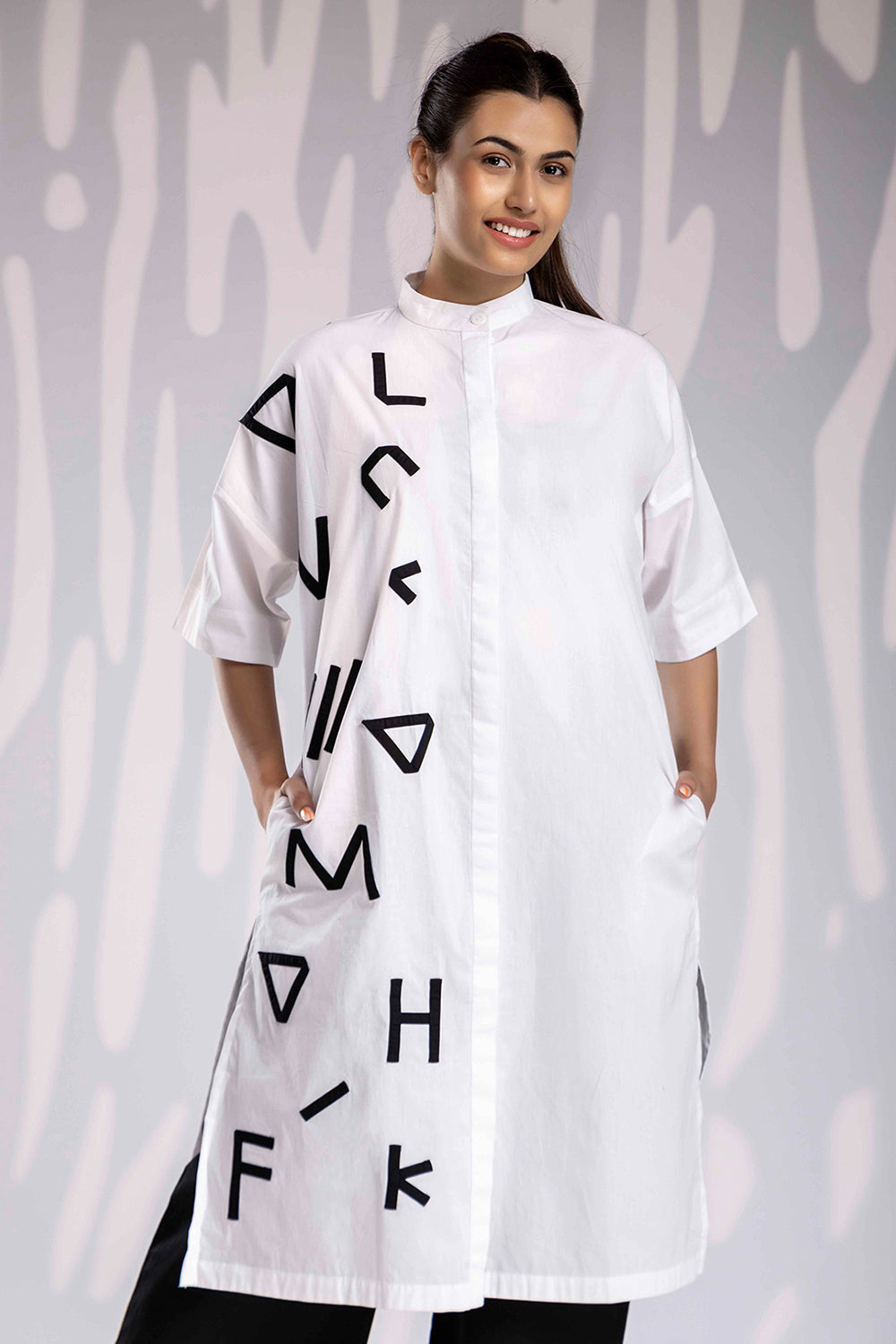 Alphabetic Long Shirt Set - White & Black - Auraya Fashion -  - #tag1# - #tag2# - #tag3# - #tag3#