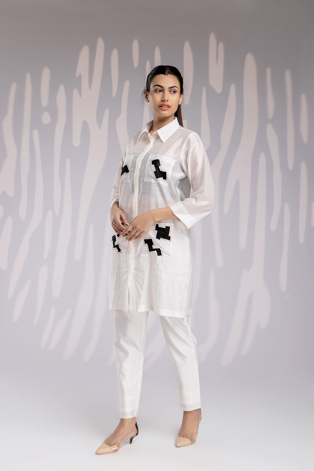 Aplic Work Silk Chanderi Shirt Set - White - Auraya Fashion -  - #tag1# - #tag2# - #tag3# - #tag3#