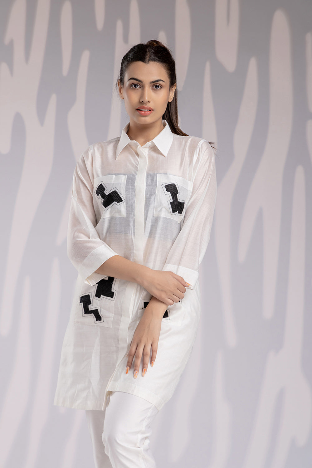 Aplic Work Silk Chanderi Shirt Set - White - Auraya Fashion -  - #tag1# - #tag2# - #tag3# - #tag3#