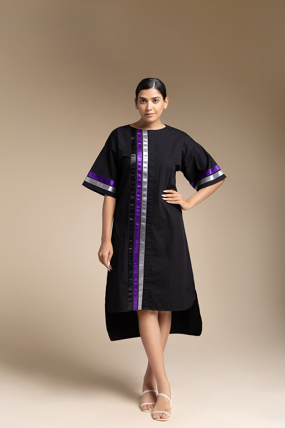 Satin Ribbon Knee Length Dress - Black - Auraya Fashion -  - #tag1# - #tag2# - #tag3# - #tag3#