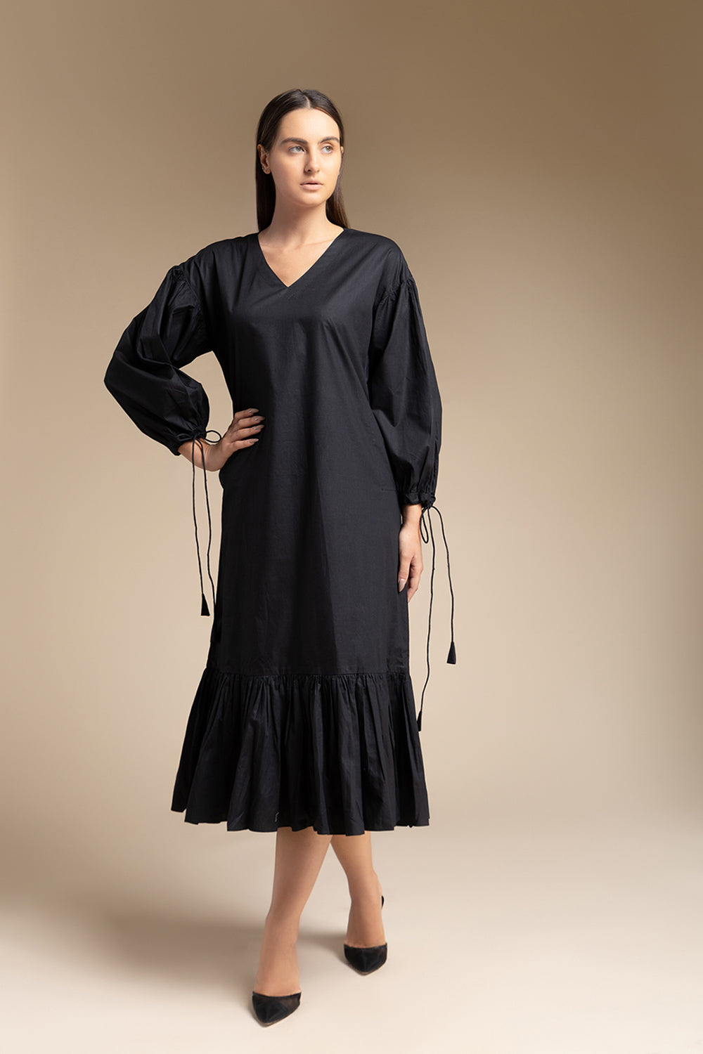 Calf Length Dress - Black - Auraya Fashion -  - #tag1# - #tag2# - #tag3# - #tag3#