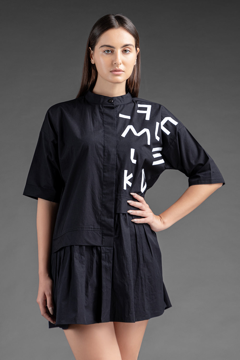 Alphabetic Pleated Shirt Dress - Black - Auraya Fashion -  - #tag1# - #tag2# - #tag3# - #tag3#